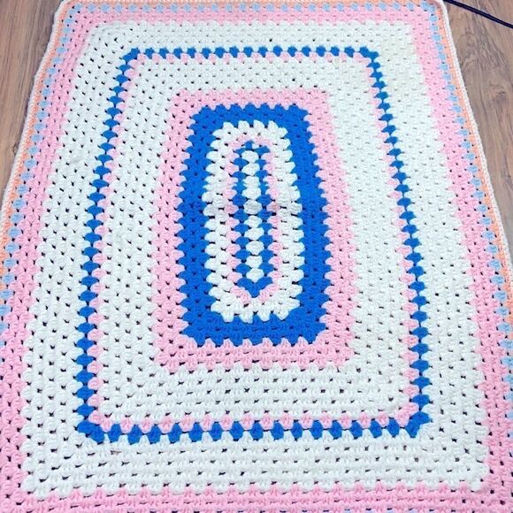 Handmade crocheted pink/blue/white/peach blanket - Picture 2 of 4